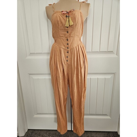 FREE PEOPLE CORAL ROSALYN JUMPSUIT SZ 2 No Belt Boho linen - Picture 1 of 10